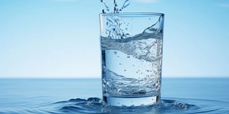 Glass of drinking water filling up, with splashes and bubbles against a soft blue background.