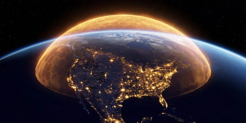 Nighttime view of North America from space, with city lights visible and a translucent golden dome encasing the United States.