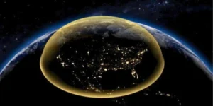 Nighttime view of North America from space, with city lights visible and a translucent golden dome encasing the United States.