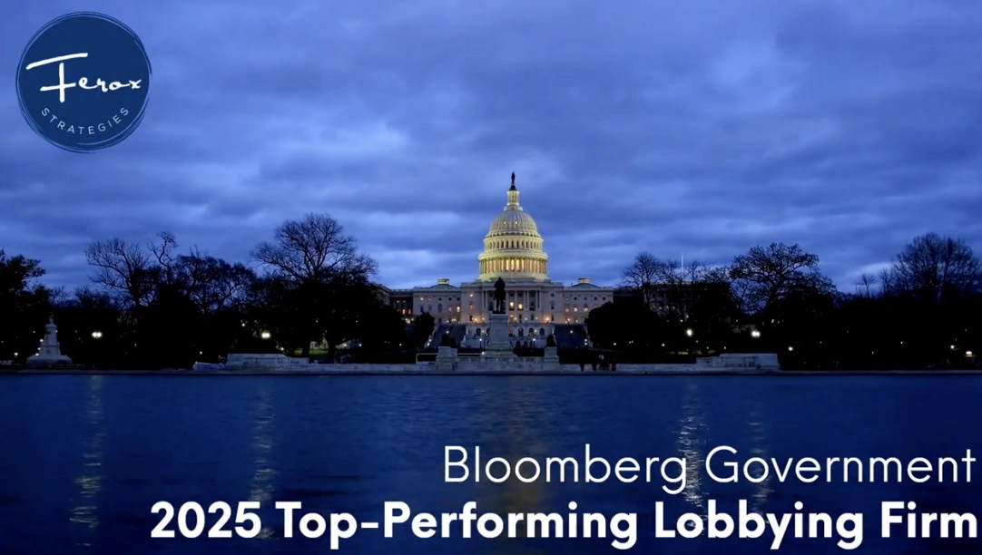 Capitol building at dusk with the Ferox Strategies logo and the text Bloomberg Government 2025 Top-Performing Lobbying Firm