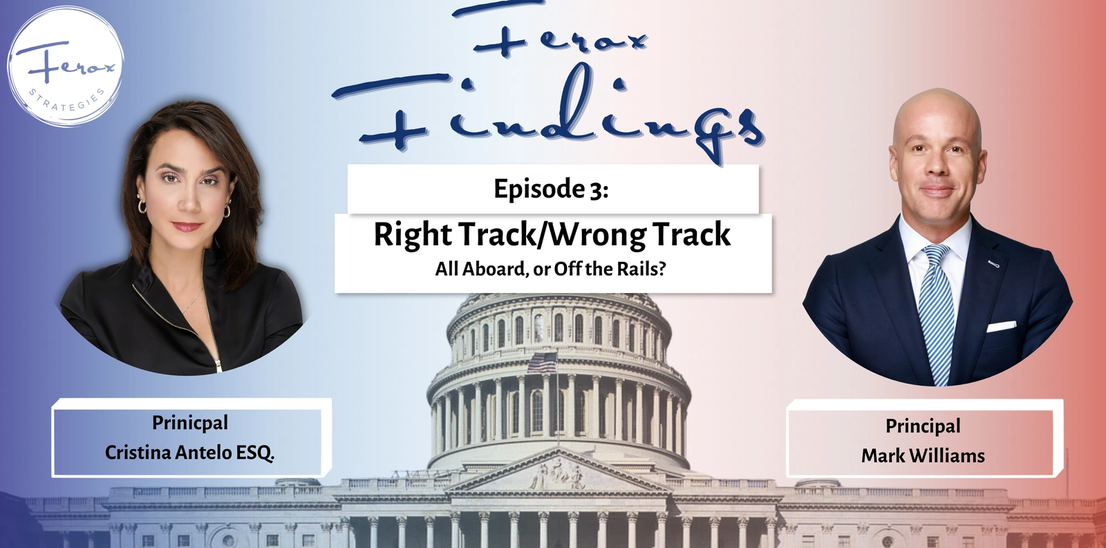 Ferox Findings podcast Episode 3 graphic with Principals Cristina Antelo and Mark Williams, Right Track/Wrong Track: All Aboard, or Off the Rails?