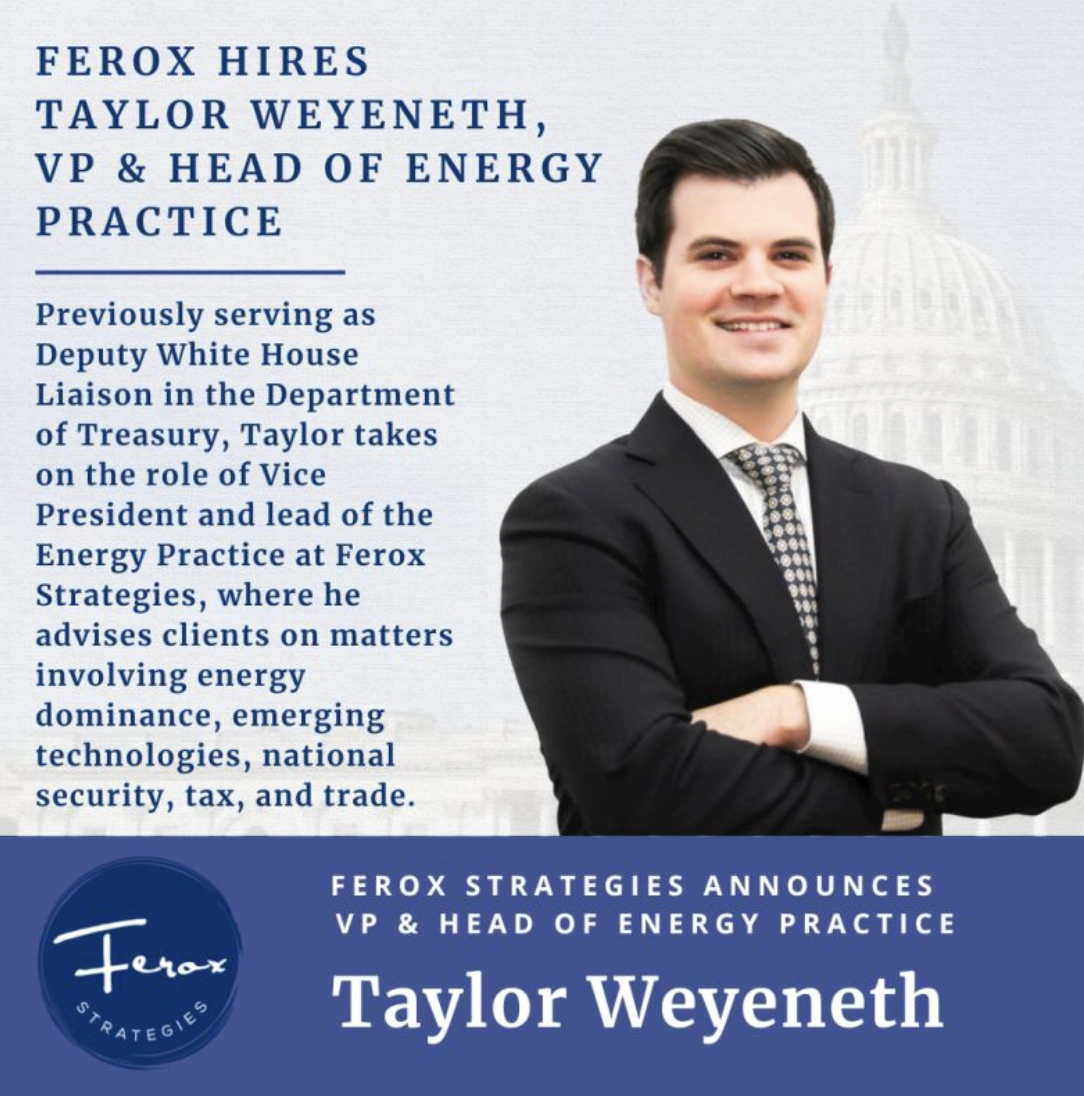 Ferox Hires Taylor Weyeneth, VP and Head of Energy Practice announcement graphic with a portrait of Taylor Weyeneth